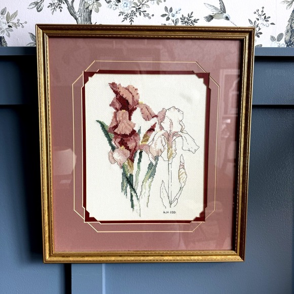 Other - Framed Cross Stitch Iris II Beverly Sills Janet Powers Floral Needlework 17x15